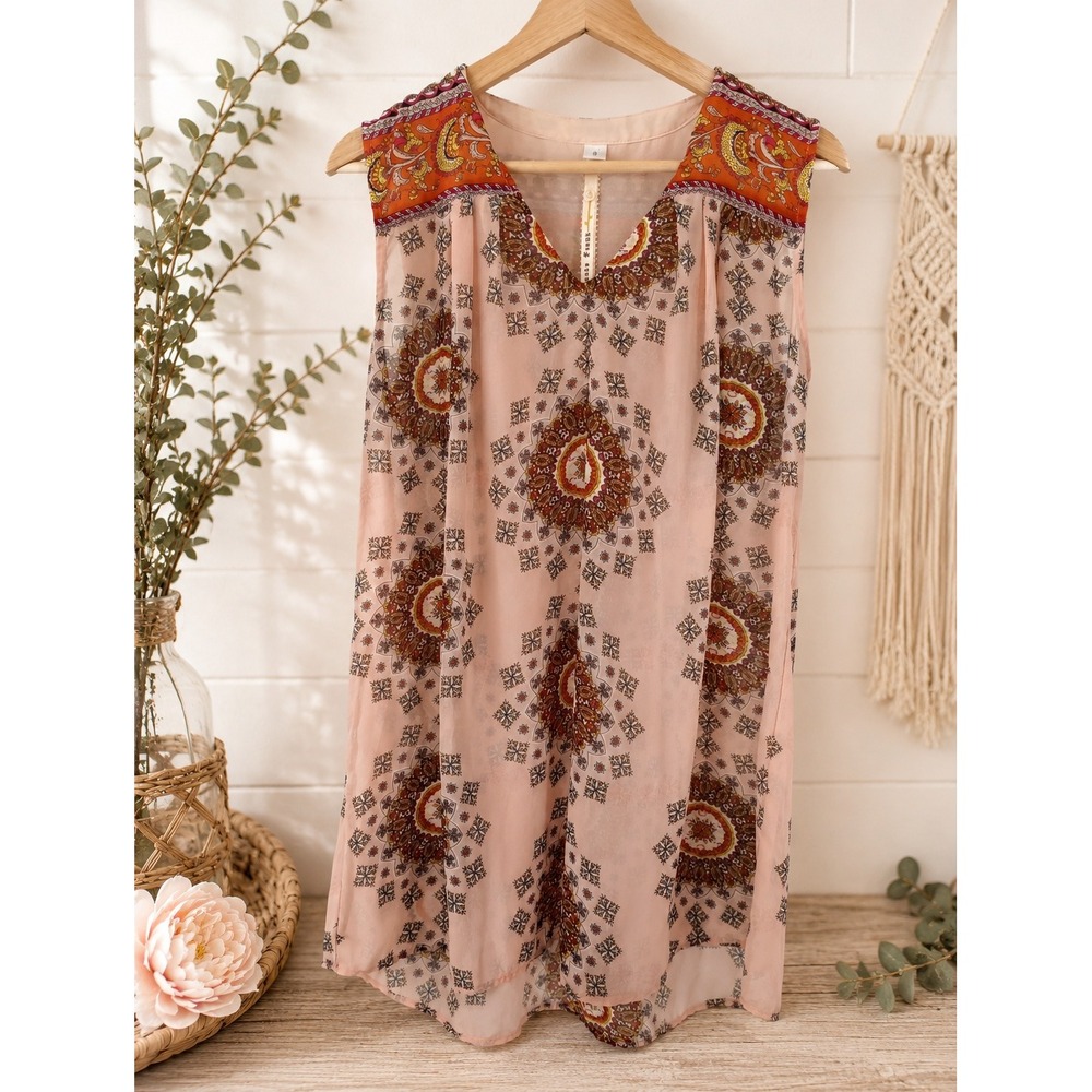 Uncle Frank Sleeveless Tunic Women Small Pink Boho Medallion Paisley V-Neck